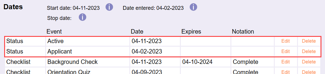 Image of Volunteer's Status Dates