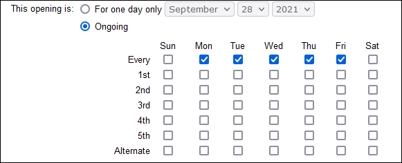 Image of frequency settings for an opening that repeats every weekday