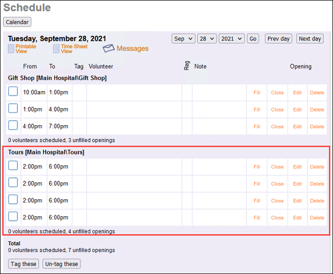 Image of the daily view of the schedule for one-time opening