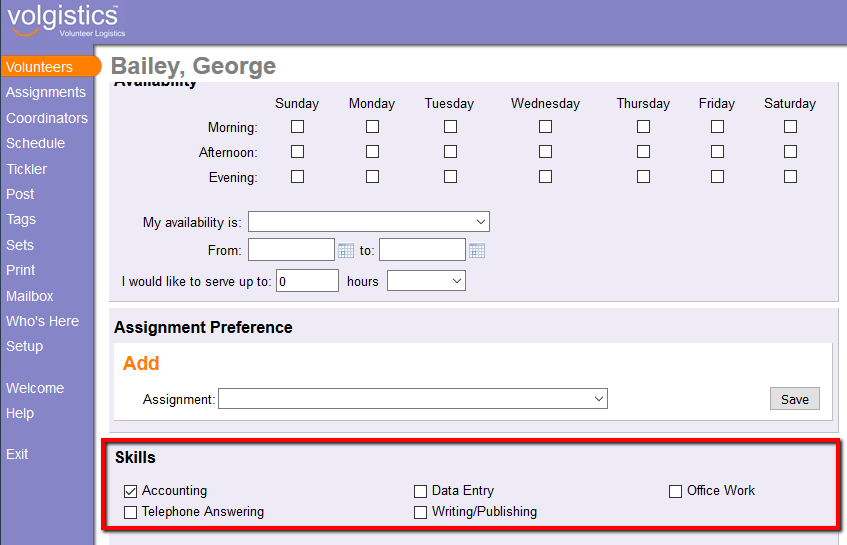 Volunteer record skills