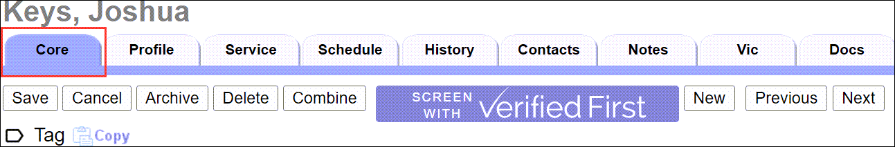 Example of Top of Core Tab