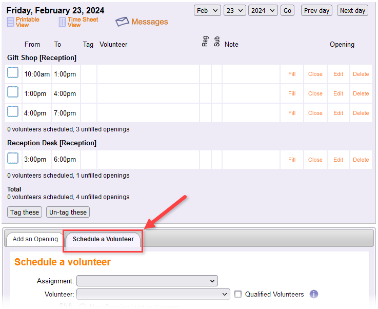 Image of the Schedule a Volunteer tab