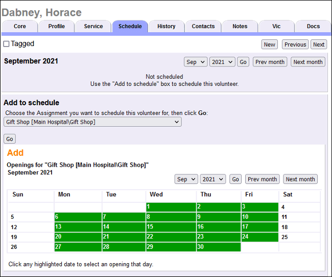 Image of the calendar of openings on the volunteer's schedule tab