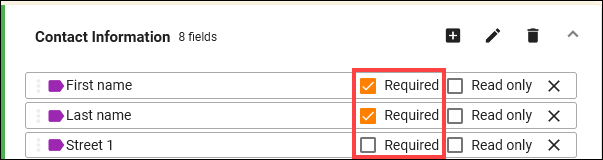 Required checkboxes for Name and Street fields