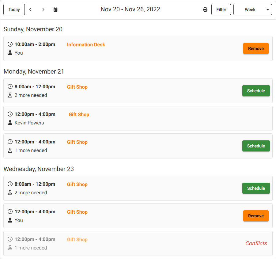 Image of the Week view of the schedule