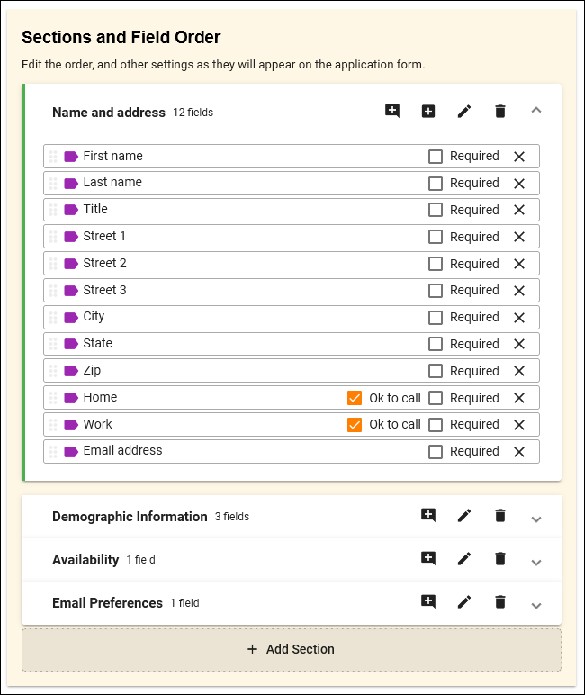 Name and address section in the Sections and Field Order portion