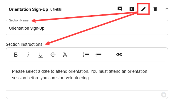 Edit Section Info, Heading and Instructions