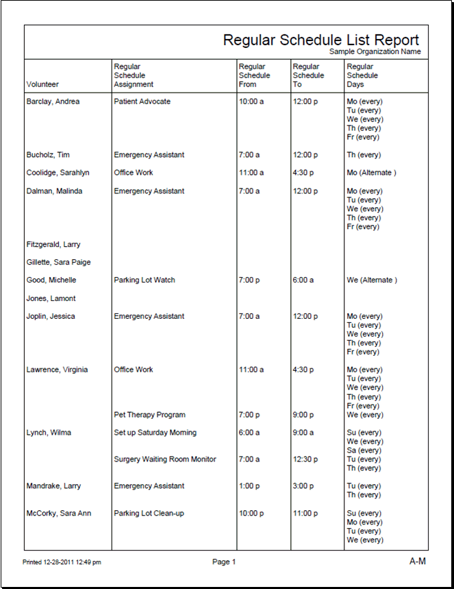 Example of Regular Schedule List Report