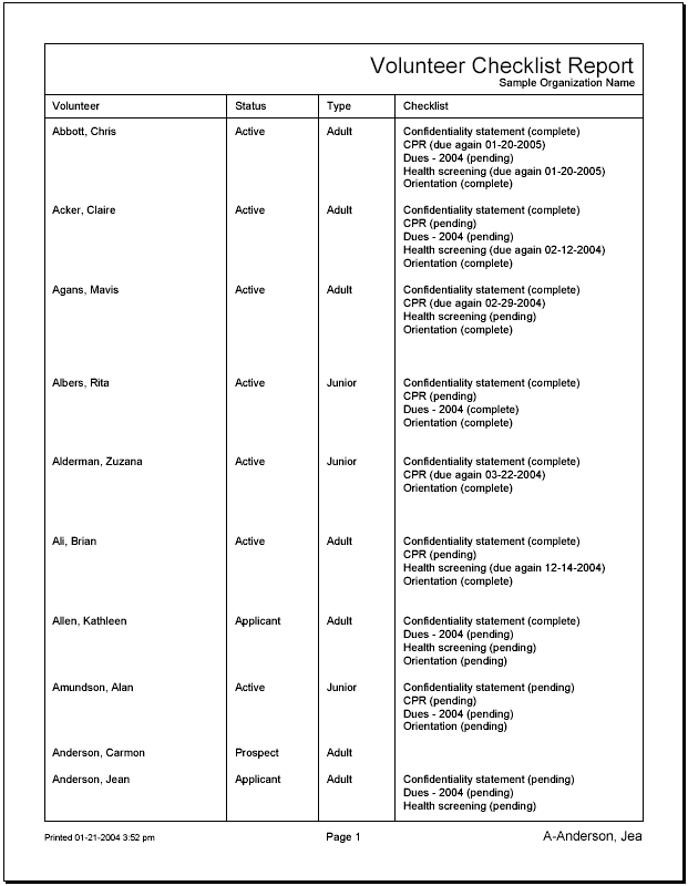 Example of Volunteer Checklist Report